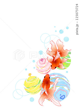 金魚、ヨーヨー、暑中見舞い、和風、イラスト、カラフル、縦 115073724