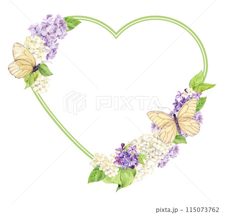 Romantic frame in the shape of a heart made of lilac with white butterflies. Template with place for text from spring flowers. Greeting card for Mother's Day, Valentine's Day, wedding. Save the date. 115073762