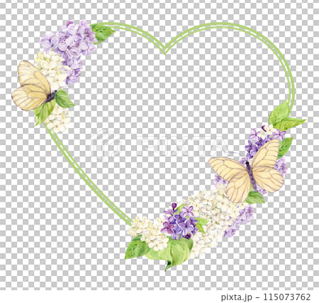 Romantic frame in the shape of a heart made of lilac with white butterflies. Template with place for text from spring flowers. Greeting card for Mother's Day, Valentine's Day, wedding. Save the date. 115073762