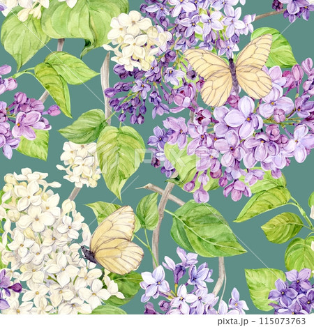 Watercolor background with lilacs and butterflies. Seamless background of spring flowers. Botanical hand drawn illustration for fabric, textile, wallpaper, wrapping paper. Watercolor background with lilacs and butterflies. Seamless background of spring flowers. Botanical hand drawn illustration for fabric, textile, wallpaper, wrapping paper. 115073763