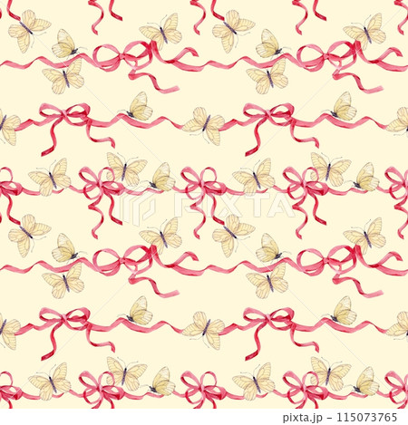 Seamless pattern of satin bows and white butterflies. Watercolor background of pink silk ribbons. Decor for birthdays, weddings, Valentine's day. Decoration in boho style on a beige background. 115073765
