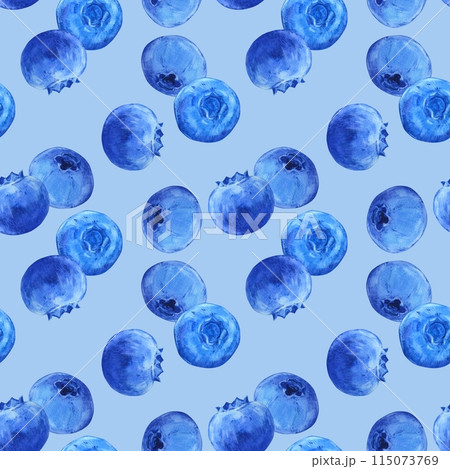 Watercolor seamless pattern with natural fresh blueberries. Bright blue, ripe berries on a blue background. Illustration with wild bilberries for printing on fabric, wallpaper, packaging. 115073769