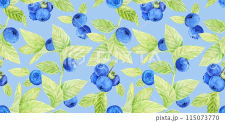 Blueberry watercolor pattern. Seamless pattern of ripe berries on a blue background. Botanical hand drawn illustration for fabric, textile, wallpaper, wrapping paper. 115073770