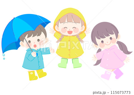 レインコートを着て傘をさす園児たち 115073773
