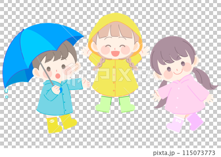 レインコートを着て傘をさす園児たち 115073773