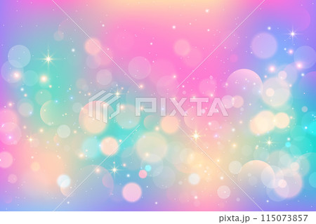Rainbow unicorn background with glitter bokeh and stars. Pastel holographic sky with magic gradient texture. Vector iridescent wallpaper with sparkles 115073857