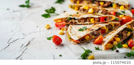 quesadillas with meat, tomatoes, corn and pepper on light background 115074010