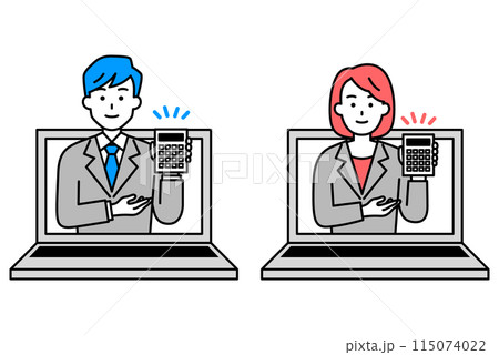 ノートパソコンの画面から飛び出して見積りをするスーツの男女 セット ノートパソコンの画面から飛び出して見積りをするスーツの男女 セット 115074022
