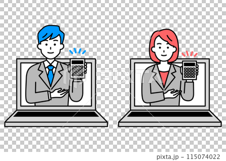 ノートパソコンの画面から飛び出して見積りをするスーツの男女 セット ノートパソコンの画面から飛び出して見積りをするスーツの男女 セット 115074022