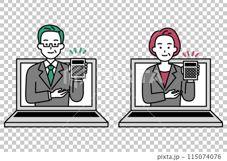 Set of middle-aged men and women in suits jumping out of a laptop screen to give an estimate Set of middle-aged men and women in suits jumping out of a laptop screen to give an estimate 115074076