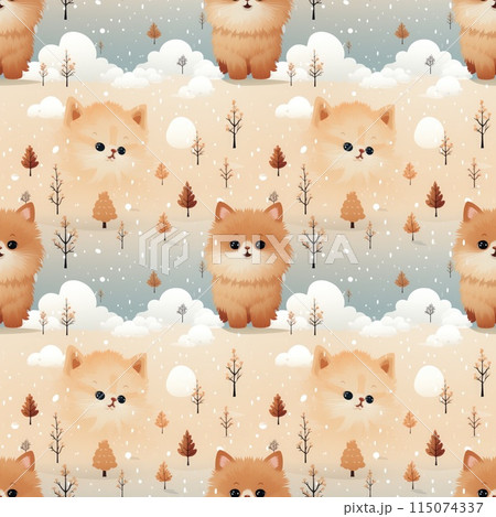Seamless pattern with cute foxes in the winter forest. Seamless pattern with cute foxes in the winter forest. 115074337