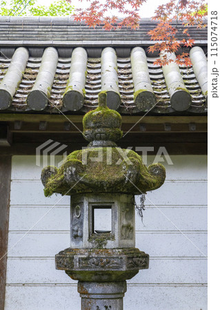 新緑の京都　槇尾山西明寺　趣のある境内　苔むした石灯籠 115074718