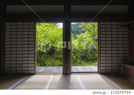新緑の京都　槇尾山西明寺　本堂から見える美しい苔庭 115074744