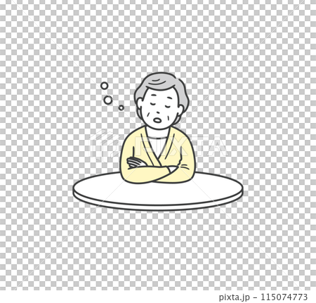 テーブルにもたれて居眠りをする高齢女性 115074773