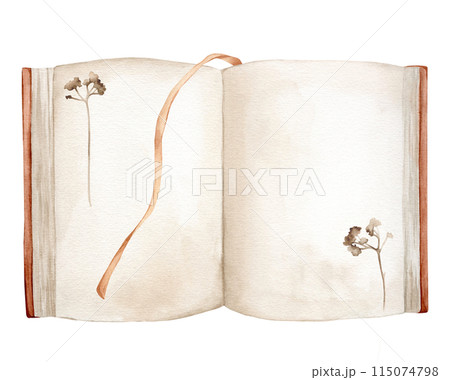 Watercolor illustration book isolated on white background. Open book brown colors with bookmarks. Vintage old textbooks watercolor hand drawn. Blank pages with plants, flower Watercolor illustration book isolated on white background. Open book brown colors with bookmarks. Vintage old textbooks watercolor hand drawn. Blank pages with plants, flower 115074798