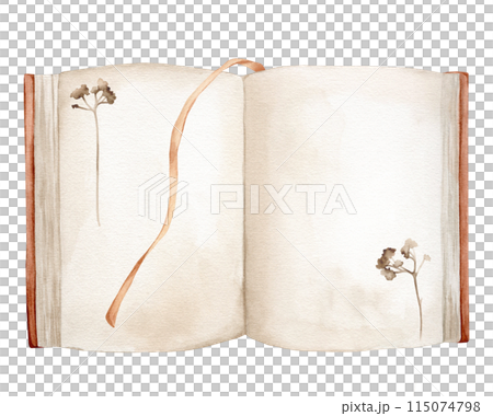 Watercolor illustration book isolated on white background. Open book brown colors with bookmarks. Vintage old textbooks watercolor hand drawn. Blank pages with plants, flower Watercolor illustration book isolated on white background. Open book brown colors with bookmarks. Vintage old textbooks watercolor hand drawn. Blank pages with plants, flower 115074798