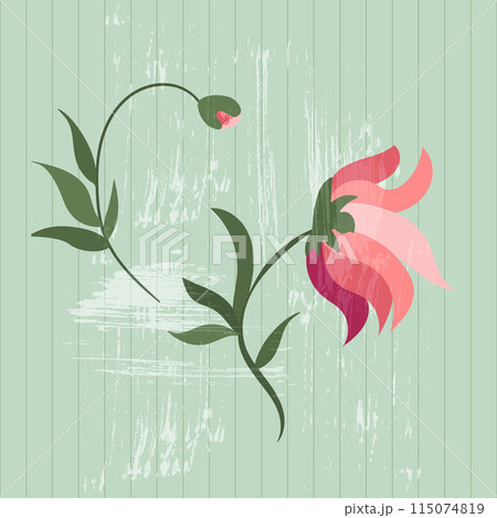 Pink flowers on a vintage textured green background. Floral vector illustration for greeting cards, wedding invitations, social media and more design 115074819