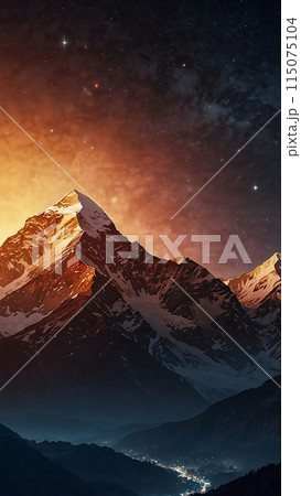 Panoramic view of great Himalayan range at evening, with the mountains glowing in the warm light of the starry night with a lot of stars Panoramic view of great Himalayan range at evening, with the mountains glowing in the warm light of the starry night with a lot of stars 115075104