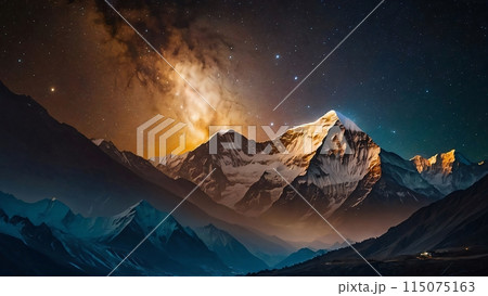 Panoramic view of great Himalayan range at evening, with the mountains glowing in the warm light of the starry night with a lot of stars 115075163