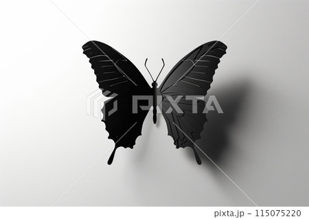 Black butterfly silhouette art on a white wall, showcasing minimalistic design and monochrome aesthetics. 115075220