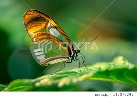 Beautiful transparent butterfly rests among the foliage of a garden 115075245