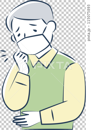 Upper body of a senior man wearing a mask and coughing Upper body of a senior man wearing a mask and coughing 115075893