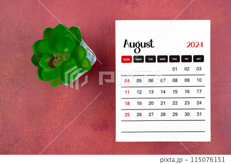 Calendar page for August 2024 and houseplant on retro background. Calendar page for August 2024 and houseplant on retro background. 115076151