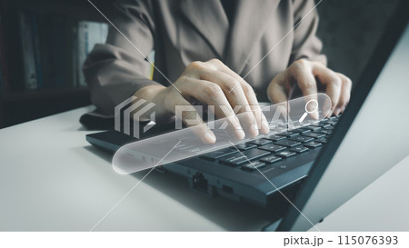 Search engine optimization seo, Searching by typing keyboard laptop, using a computer to search for information, using website bar to find the desired information or Internet online. 115076393