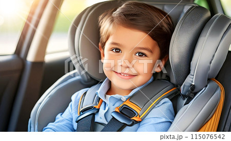 Car Safety Seat Concept - Child in Rear-Facing Car Seat Has Seat Belt On - Generative Ai 115076542