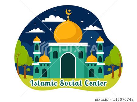 Islamic Social Center Vector Illustration Featuring Mosques, Educational Institutions for Islamic Studies and Development in flat Cartoon Background 115076748