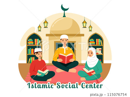 Islamic Social Center Vector Illustration Featuring Mosques, Educational Institutions for Islamic Studies and Development in flat Cartoon Background 115076754
