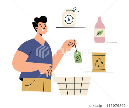 Man in supermarket buying green products, choosing sustainable food, eco products icons, vector illustration of cartoon character in store with eco friendly grocery, support green production Man in supermarket buying green products, choosing sustainable food, eco products icons, vector illustration of cartoon character in store with eco friendly grocery, support green production 115076802