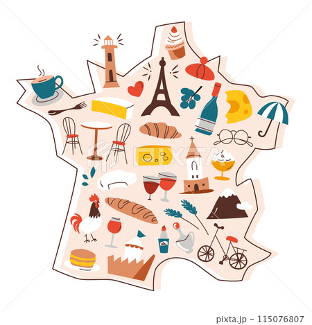 France map with doodles, french national symbols on country shape, travelling to Paris, Eifel tower vector illustration, geography cartoon composition for poster, brochure, and childrens book France map with doodles, french national symbols on country shape, travelling to Paris, Eifel tower vector illustration, geography cartoon composition for poster, brochure, and childrens book 115076807