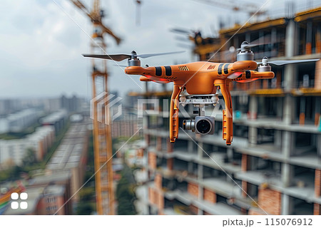Drone inspecting the construction site of a building or the surrounding area 115076912