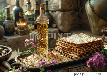 Passover matzos of celebration with matzo unleavened bread in a tray and bottle of wine 115077099