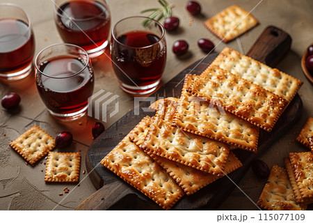 Passover celebration concept. Traditional ritual Jewish bread matzah on table 115077109