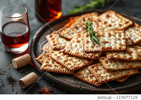 Pesach background. Passover celebration with wine and matzo on the wooden background Pesach background. Passover celebration with wine and matzo on the wooden background 115077128