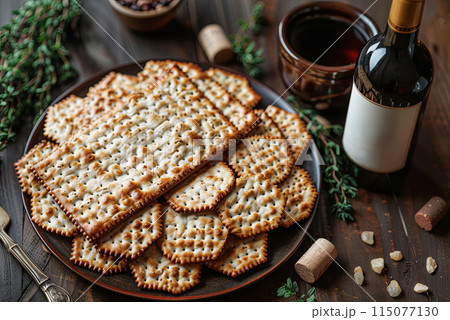 Matzah and wine on a festive table on Passover Matzah and wine on a festive table on Passover 115077130