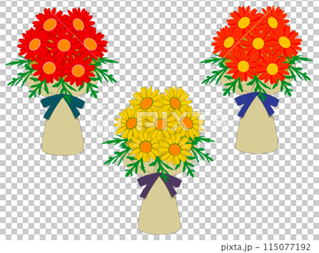 紅色、黃色和橙色瑪格麗特花束 115077192