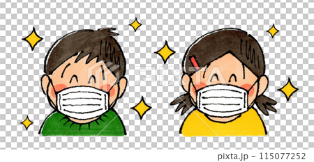 マスクをする男の子と女の子(笑顔) 115077252