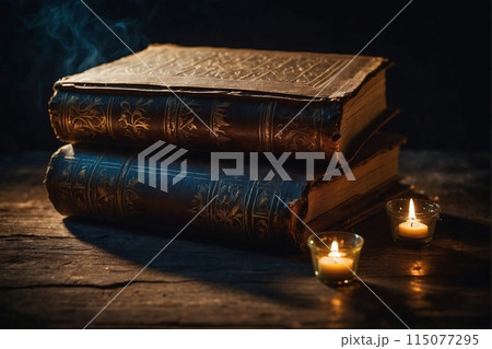 Ancient books and candles on a wooden table close-up in the dark 115077295