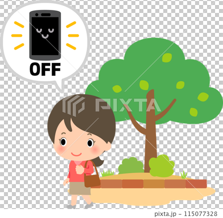 スマホの電源を切って公園を散歩する女性 スマホの電源を切って公園を散歩する女性 115077328