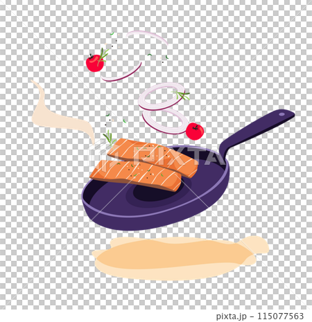 Salmon cooked in a frying pan 115077563