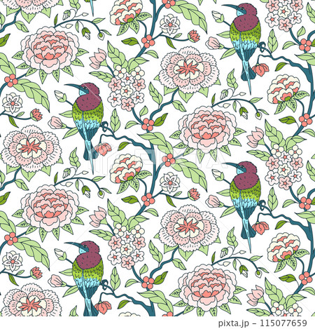 Seamless pattern with colorful chinoiserie hand drawn flowers and birds motifs Seamless pattern with colorful chinoiserie hand drawn flowers and birds motifs 115077659