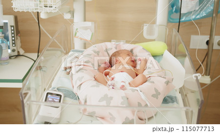 Newborn baby resting in a hospital incubator. The infant is being monitored and receiving medical care. Represents neonatal intensive care. Newborn baby resting in a hospital incubator. The infant is being monitored and receiving medical care. Represents neonatal intensive care. 115077713