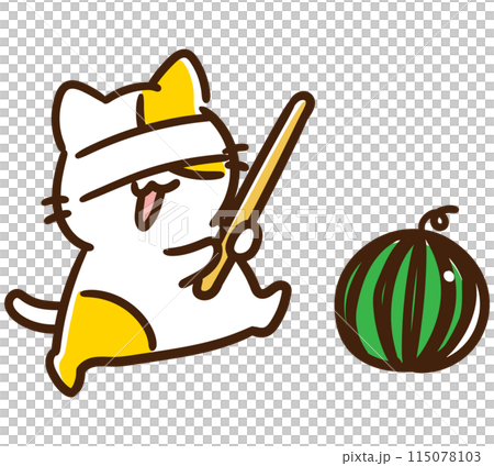 スイカ割りをするかわいいねこのキャラクターのデフォルメイラスト スイカ割りをするかわいいねこのキャラクターのデフォルメイラスト 115078103