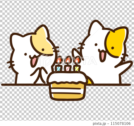 A deformed illustration of cute cat characters happy in front of a birthday cake 115078106