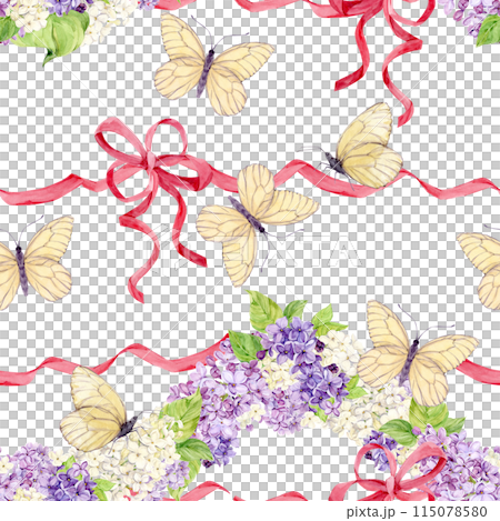 Seamless background with white and purple lilacs wrapped in pink silk ribbons. Watercolor spring flowers in botanical style. Hand drawing for printing on fabric, wrapping paper. 115078580