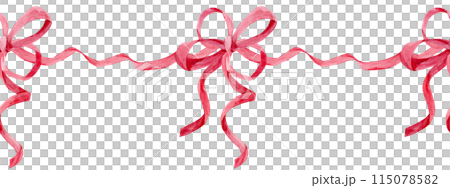 Seamless border of satin bows. Watercolor pattern made of pink silk ribbons. Decor for birthdays, weddings, Valentine's day. Decoration in boho style on a transparent background. Seamless border of satin bows. Watercolor pattern made of pink silk ribbons. Decor for birthdays, weddings, Valentine's day. Decoration in boho style on a transparent background. 115078582