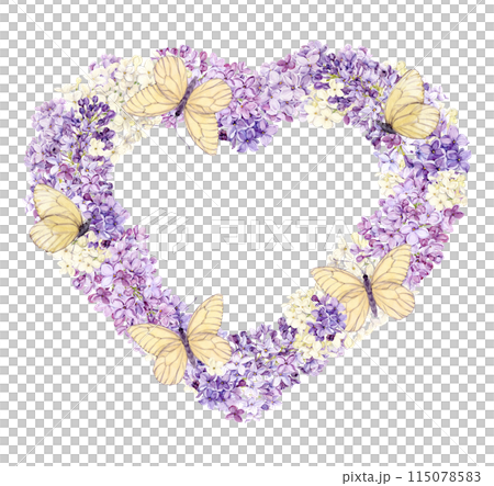 Romantic heart-shaped wreath made of lilac with white butterflies. Frame with place for text from spring flowers. Greeting card template for Mother's Day, Valentine's Day, wedding. Save the date. 115078583